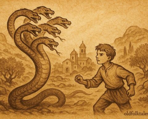 An illustration of Ġorġ facing the seven-headed snake, Maltese folktale scene.