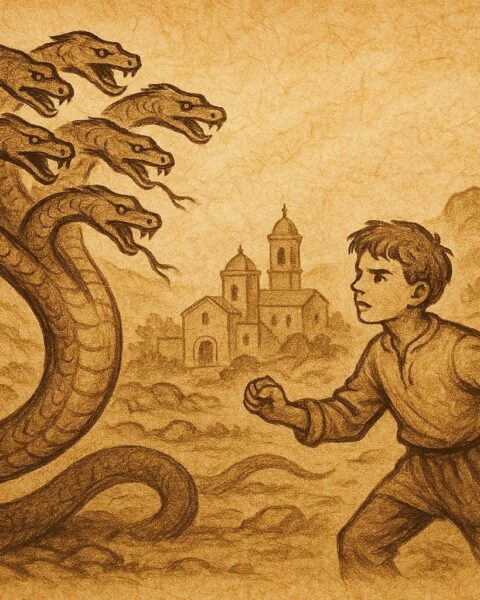 An illustration of Ġorġ facing the seven-headed snake, Maltese folktale scene.