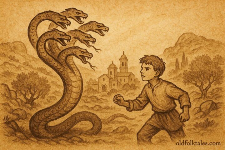 An illustration of Ġorġ facing the seven-headed snake, Maltese folktale scene.