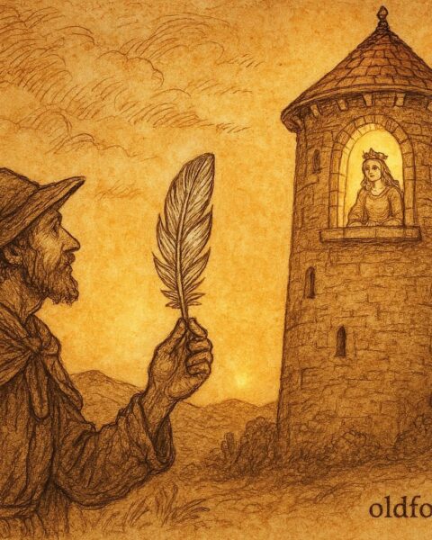 An artwork of a shepherd freeing a princess from a tower, Serbian folktale scene.