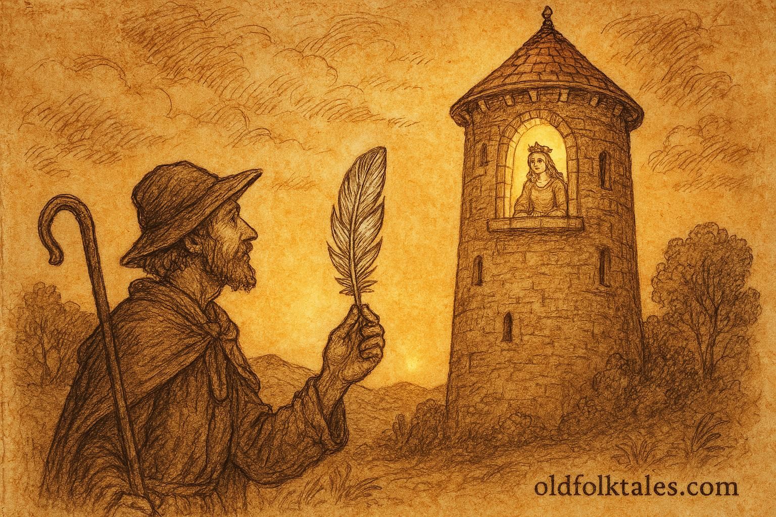 An artwork of a shepherd freeing a princess from a tower, Serbian folktale scene.