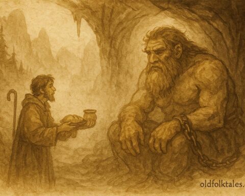 Parchment-style artwork of a Swiss shepherd feeding a chained mountain giant in an Alpine cave.