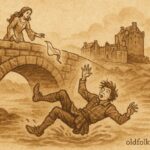 hment-style art of the Shifty Lad falling from a bridge as the princess watches, Scottish folktale scene.