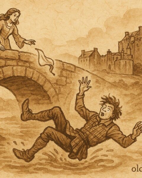 hment-style art of the Shifty Lad falling from a bridge as the princess watches, Scottish folktale scene.