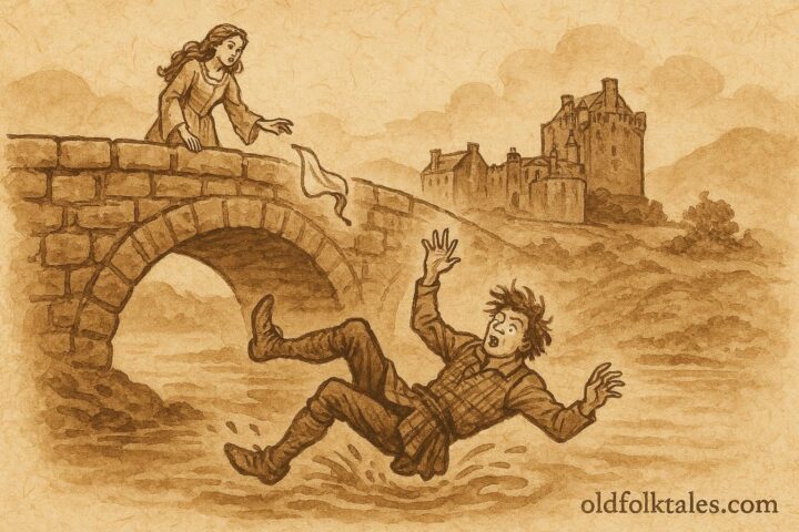 hment-style art of the Shifty Lad falling from a bridge as the princess watches, Scottish folktale scene.