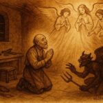 Parchment-style artwork of a Slovak shoemaker praying as angels rescue him from the Devil.