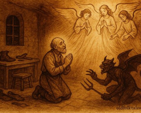Parchment-style artwork of a Slovak shoemaker praying as angels rescue him from the Devil.