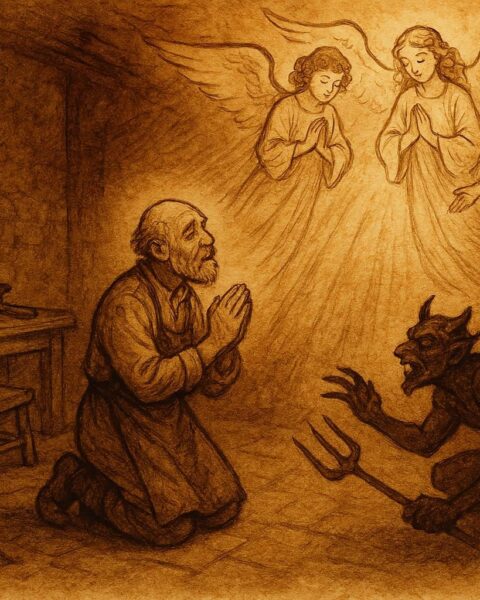 Parchment-style artwork of a Slovak shoemaker praying as angels rescue him from the Devil.