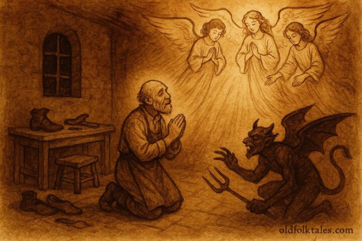 Parchment-style artwork of a Slovak shoemaker praying as angels rescue him from the Devil.