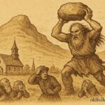 Parchment-style artwork of the Skalunda Giant lifting a stone before a church, Swedish folktale scene.