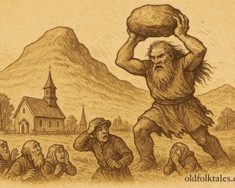 Parchment-style artwork of the Skalunda Giant lifting a stone before a church, Swedish folktale scene.
