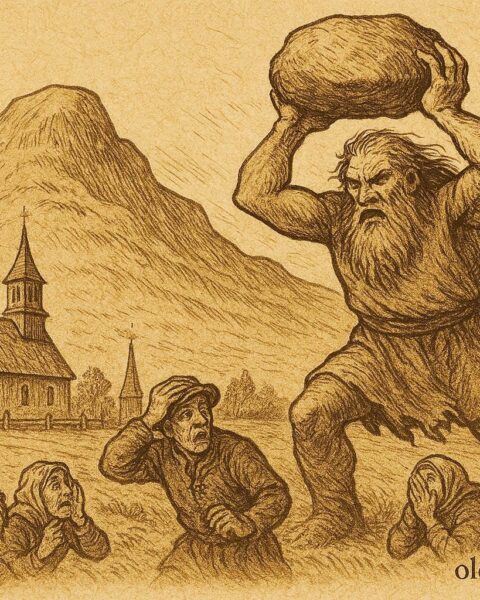 Parchment-style artwork of the Skalunda Giant lifting a stone before a church, Swedish folktale scene.