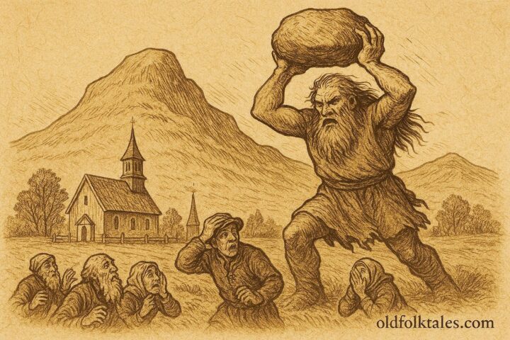 Parchment-style artwork of the Skalunda Giant lifting a stone before a church, Swedish folktale scene.