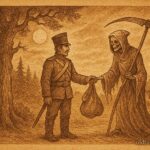 An illustration of a Russian soldier trapping Death in a sack near a moonlit forest.