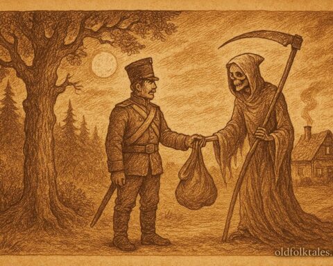 An illustration of a Russian soldier trapping Death in a sack near a moonlit forest.