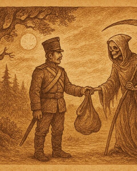 An illustration of a Russian soldier trapping Death in a sack near a moonlit forest.