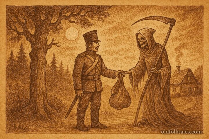 An illustration of a Russian soldier trapping Death in a sack near a moonlit forest.