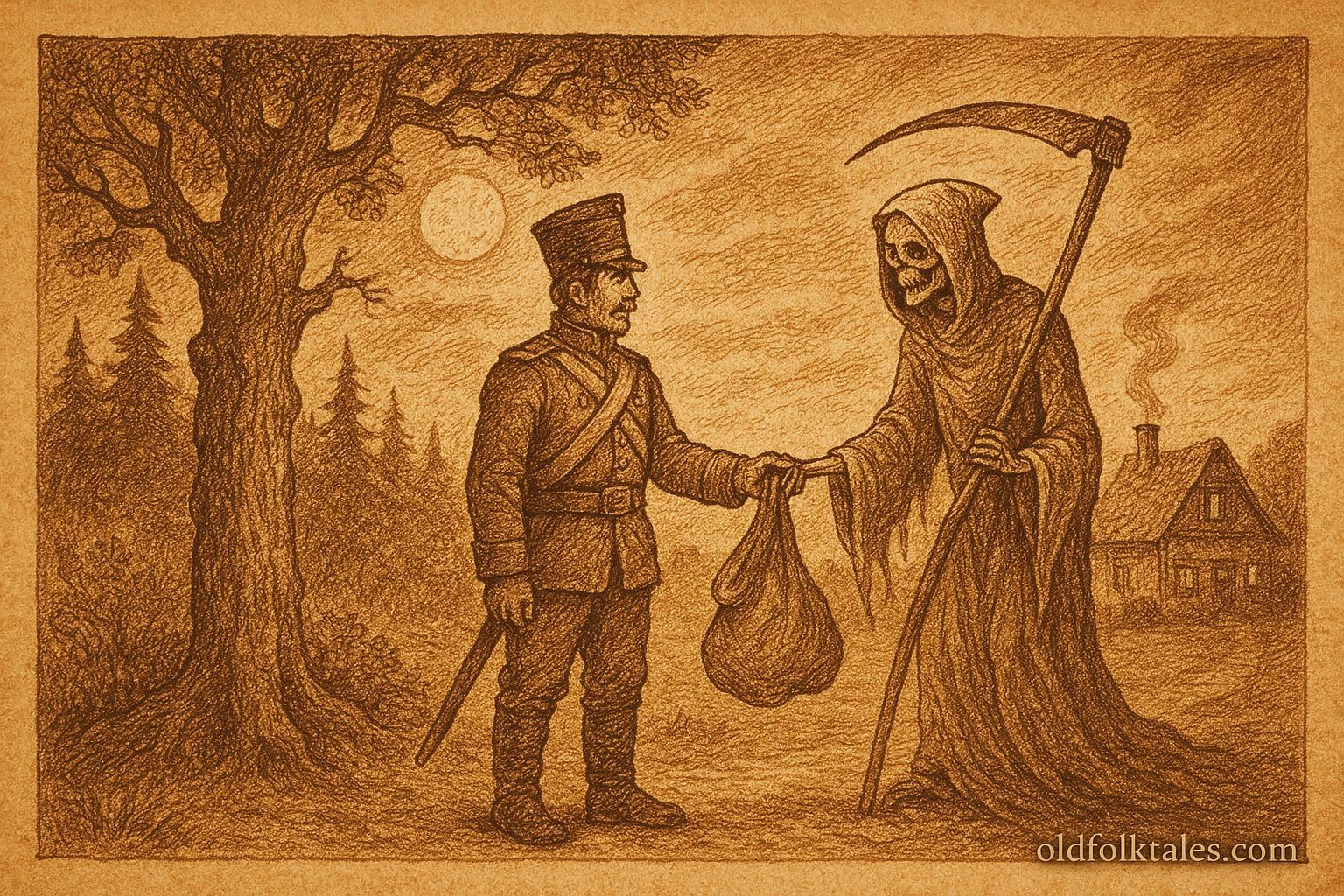 An illustration of a Russian soldier trapping Death in a sack near a moonlit forest.