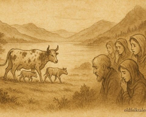 Parchment-style artwork of the speckled cow and her calves entering a misty Welsh lake as villagers look on.