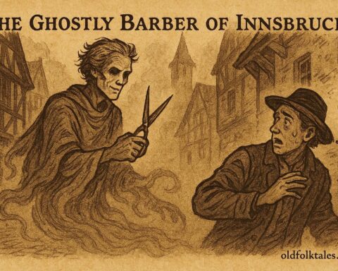 Parchment-style artwork of ghostly barber with scissors in foggy Innsbruck street, Austrian folktale scene.