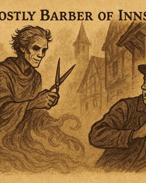 Parchment-style artwork of ghostly barber with scissors in foggy Innsbruck street, Austrian folktale scene.