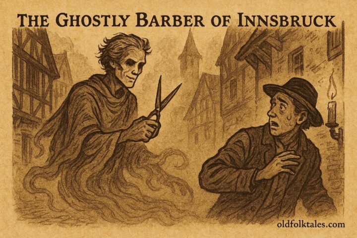 Parchment-style artwork of ghostly barber with scissors in foggy Innsbruck street, Austrian folktale scene.
