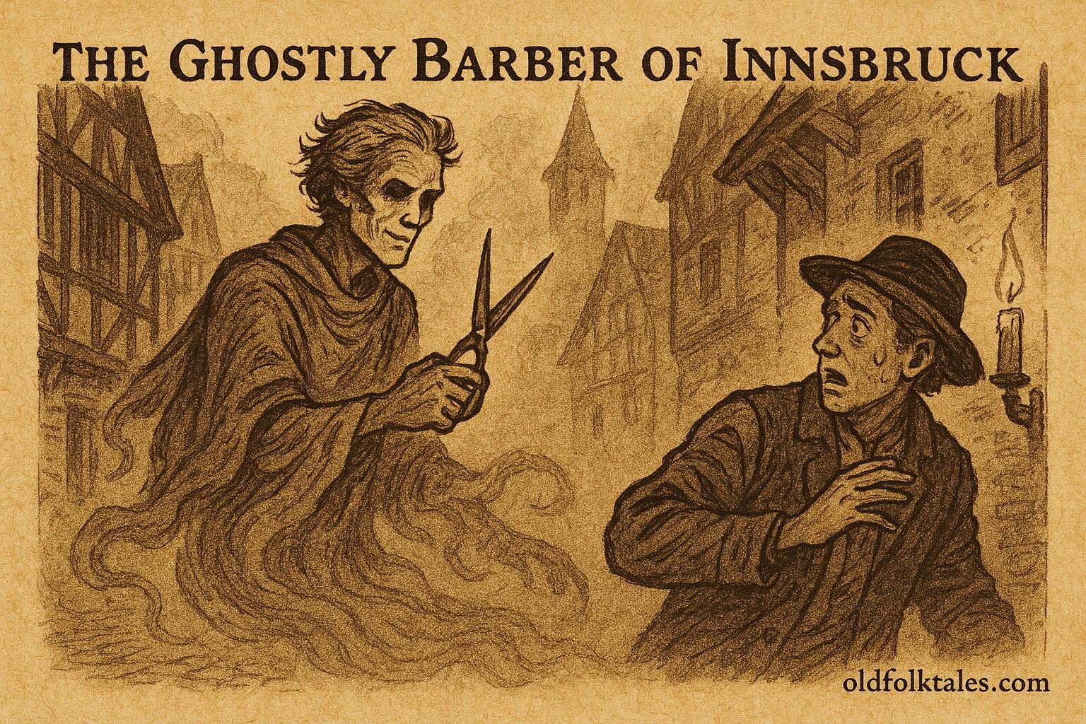 Parchment-style artwork of ghostly barber with scissors in foggy Innsbruck street, Austrian folktale scene.