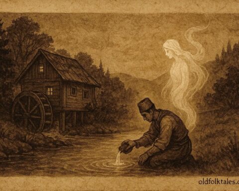 An illustration of Hasan offering oil to a glowing spirit at a Bosnian watermill, traditional Bosnian folktale scene.