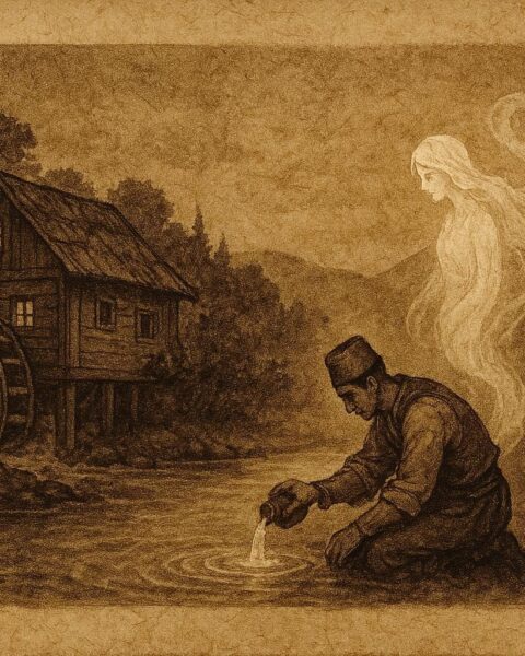 An illustration of Hasan offering oil to a glowing spirit at a Bosnian watermill, traditional Bosnian folktale scene.