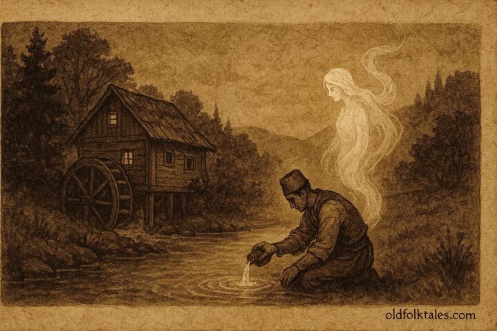 An illustration of Hasan offering oil to a glowing spirit at a Bosnian watermill, traditional Bosnian folktale scene.