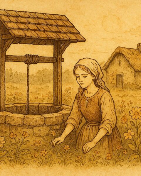 A style artwork of a Serbian maiden rising from a well surrounded by flowers, Serbian folktale scene.