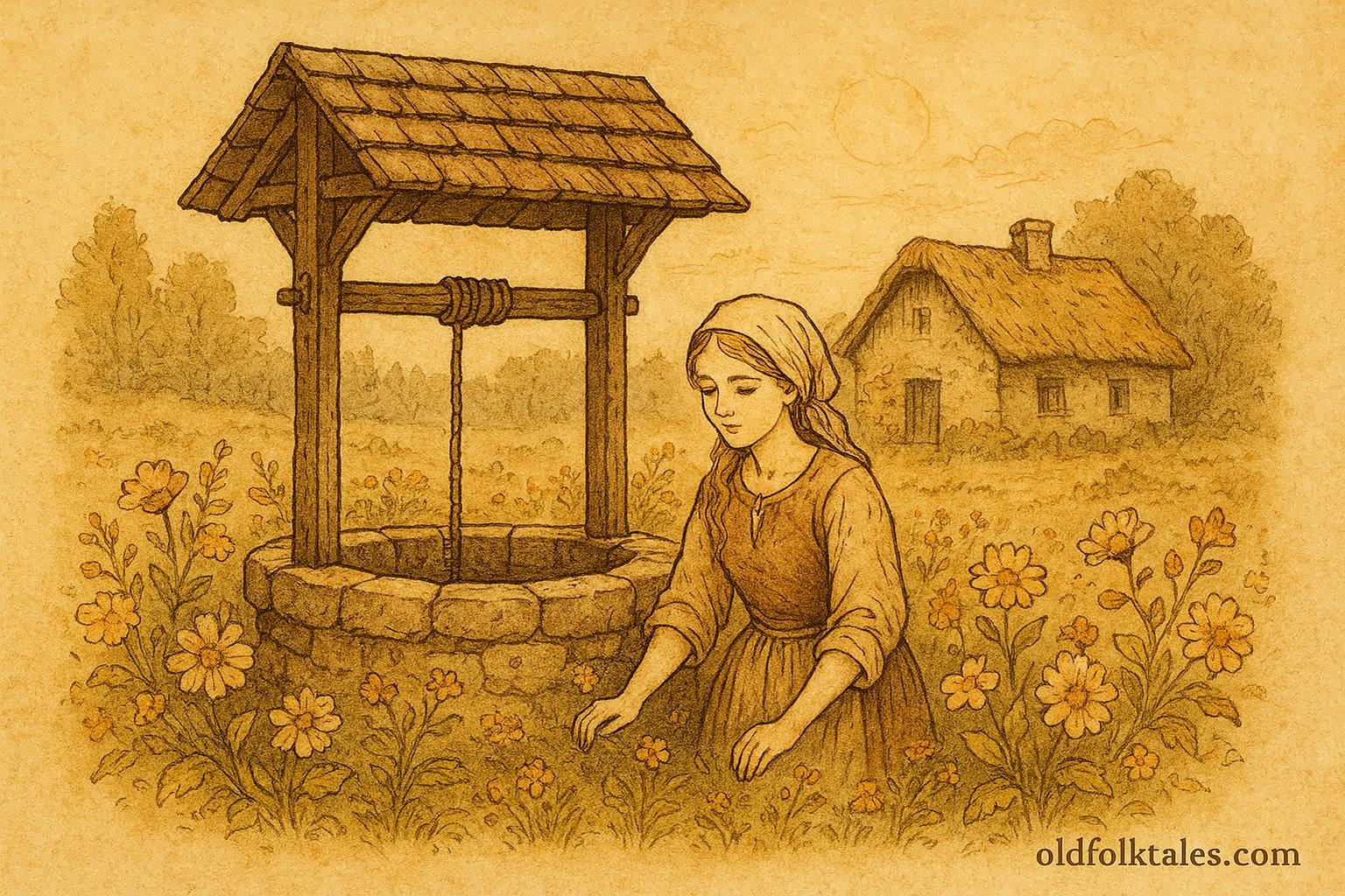 A style artwork of a Serbian maiden rising from a well surrounded by flowers, Serbian folktale scene.