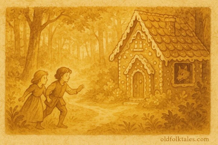 Parchment-style illustration of children escaping a magical candy house, Belgian folktale scene.