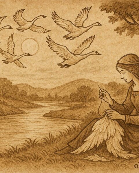 Parchment-style artwork of Princess Elsje sewing beside swans and a silver knight, French folktale scene.