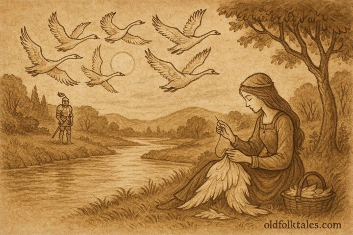 Parchment-style artwork of Princess Elsje sewing beside swans and a silver knight, French folktale scene.