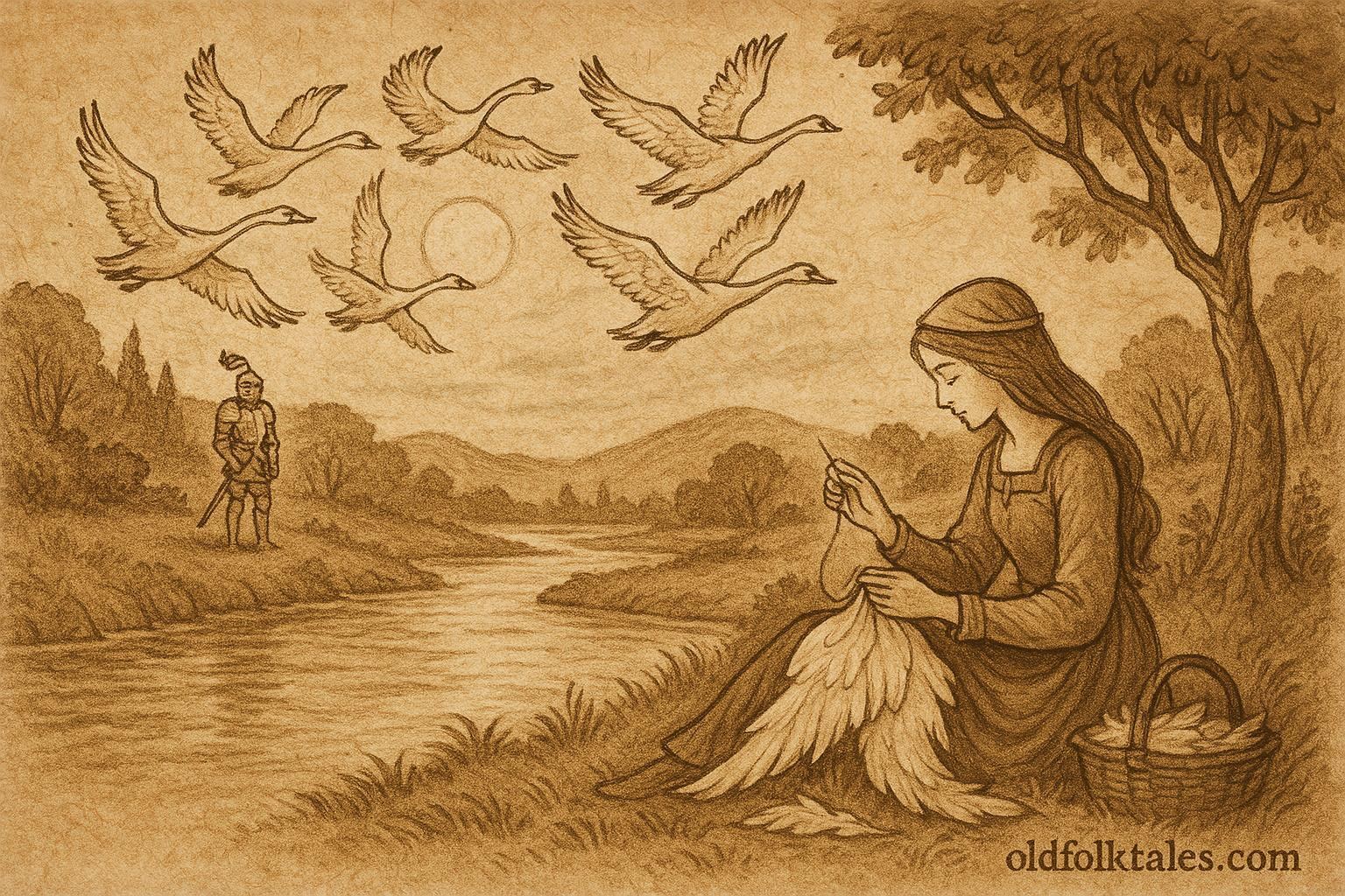 Parchment-style artwork of Princess Elsje sewing beside swans and a silver knight, French folktale scene.