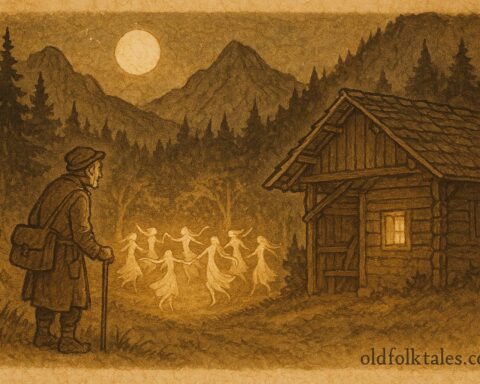 Parchment-style artwork of an Alpine tailor watching fair folk dance, Austrian folktale scene.