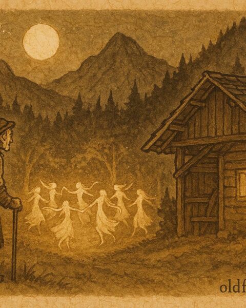 Parchment-style artwork of an Alpine tailor watching fair folk dance, Austrian folktale scene.