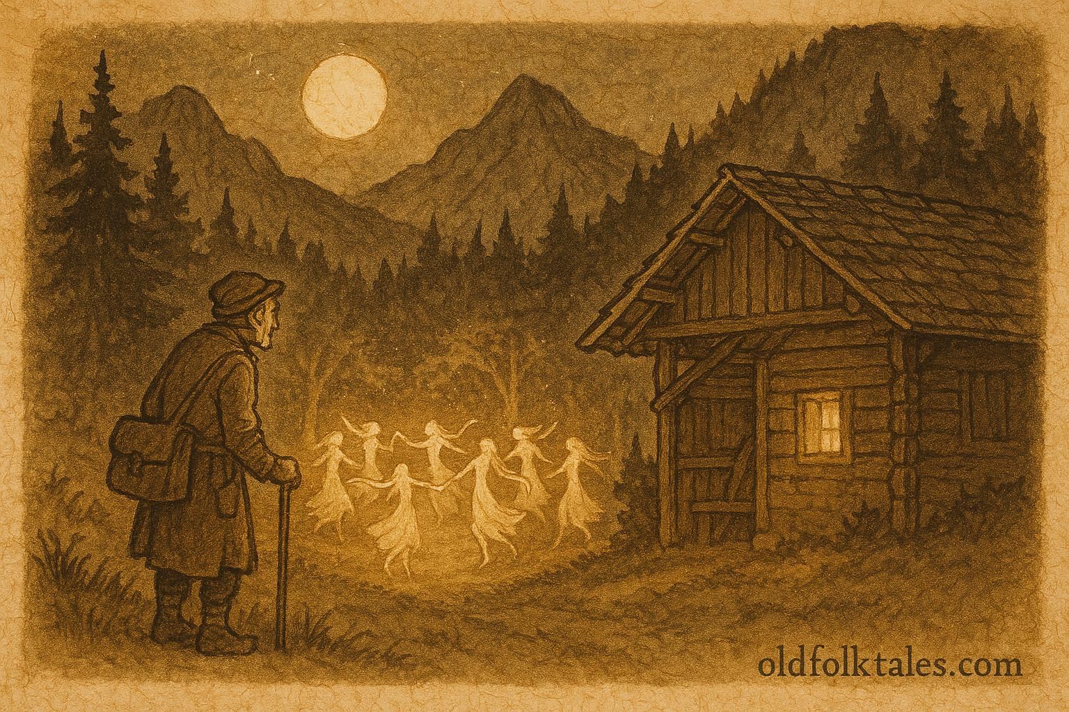 Parchment-style artwork of an Alpine tailor watching fair folk dance, Austrian folktale scene.