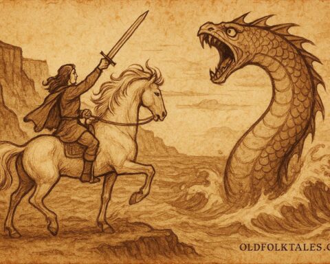 Parchment-style artwork of the thirteenth son battling a sea-serpent by Irish cliffs, Irish folktale scene.