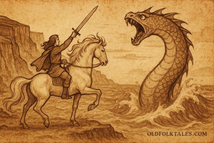 Parchment-style artwork of the thirteenth son battling a sea-serpent by Irish cliffs, Irish folktale scene.