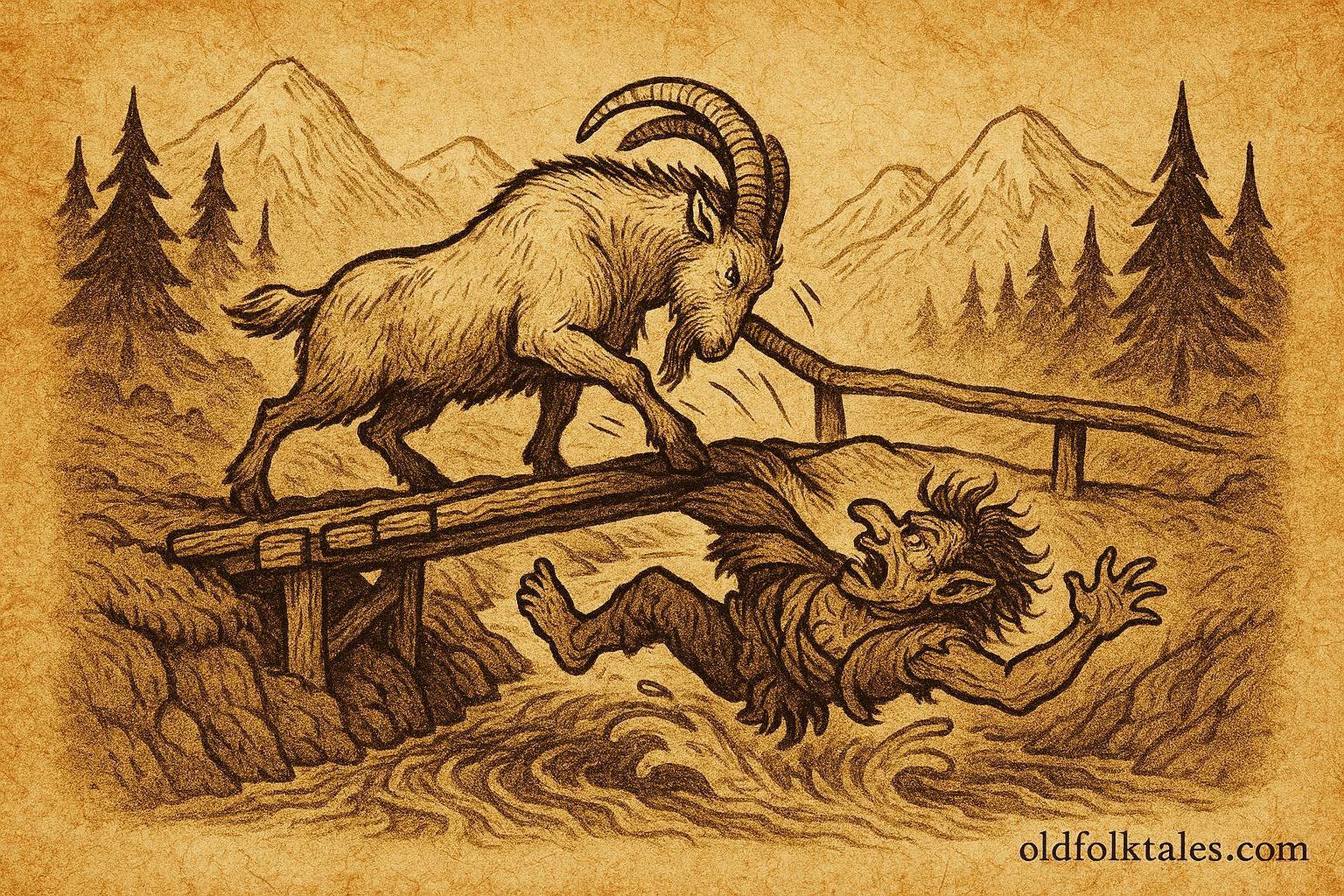 Parchment-style illustration of the biggest Billy-Goat Gruff defeating the troll on a bridge, Norwegian folktale scene.