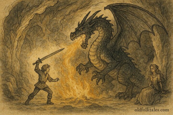 A artwork of a Serbian hero slaying a dragon to rescue a princess, classic Serbian folktale scene.