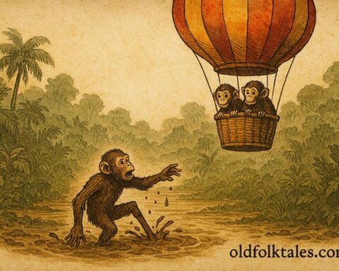 An illustration of three monkeys in a balloon adventure and one with wooden legs, Belgian folktale scene.