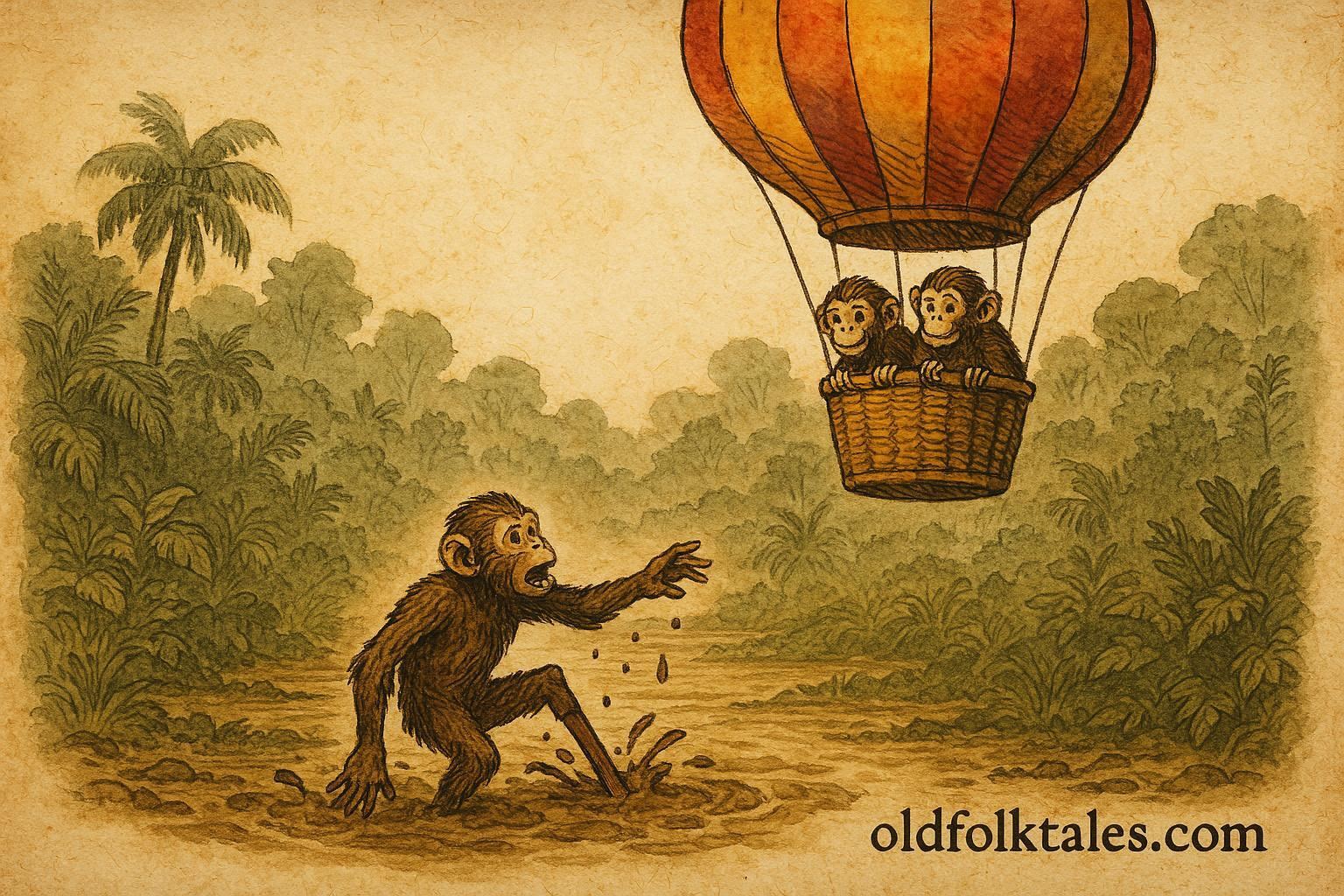 An illustration of three monkeys in a balloon adventure and one with wooden legs, Belgian folktale scene.