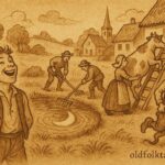 Parchment-style illustration of villagers raking the moon’s reflection, English folktale scene.