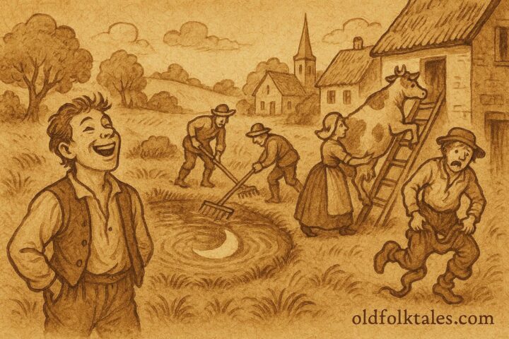Parchment-style illustration of villagers raking the moon’s reflection, English folktale scene.