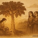 An artwork of three Maltese sisters under a fig tree, Maltese folktale scene.