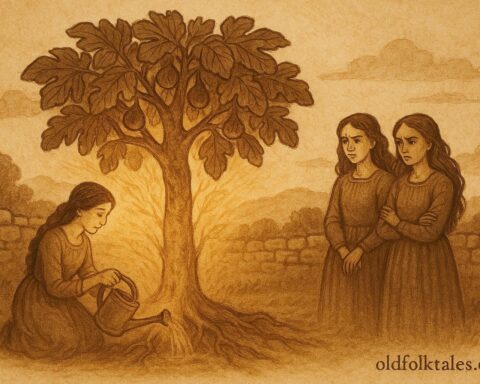 An artwork of three Maltese sisters under a fig tree, Maltese folktale scene.