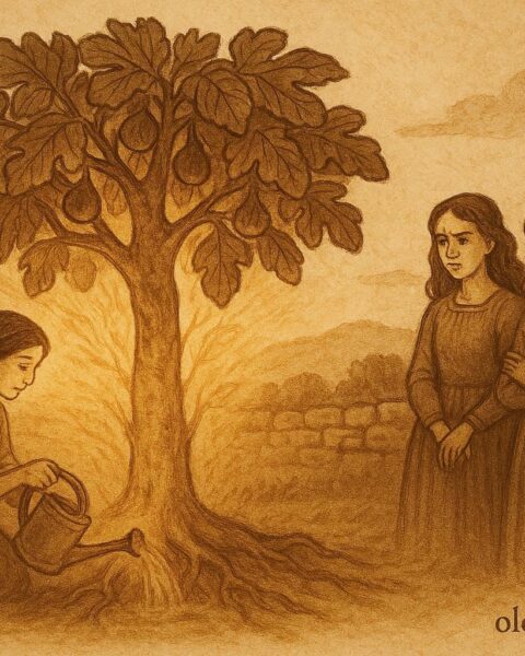 An artwork of three Maltese sisters under a fig tree, Maltese folktale scene.